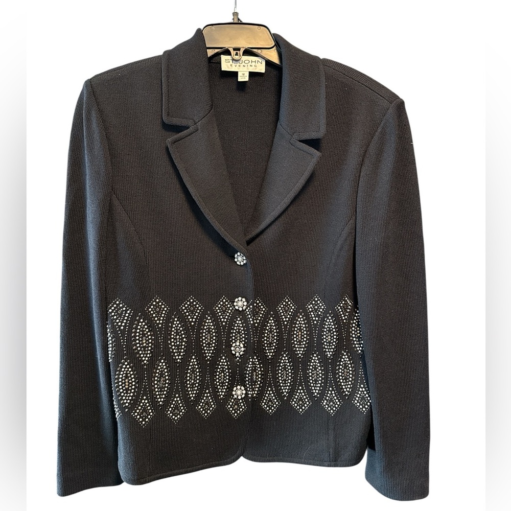 St John Evening Black Beaded Blazer Jacket Size 12 Vintage Santana Knit - Picture 4 of 10
